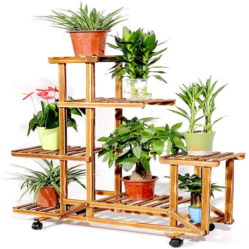 Millwood Pines Wooden Plant Stand With Wheels Rolling Plant Flower